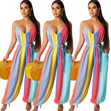 C4499 Sexy lady v neck rainbow stripe suspenders full length jumpsuits